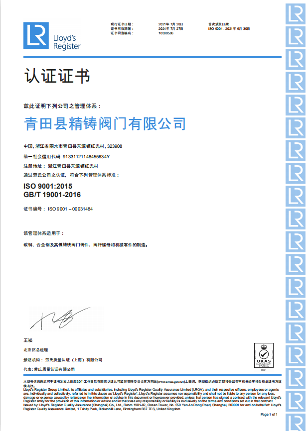 熱烈祝賀青田精鑄通過英國勞氏ISO 9001:2015 GB/T 19001-2016認證